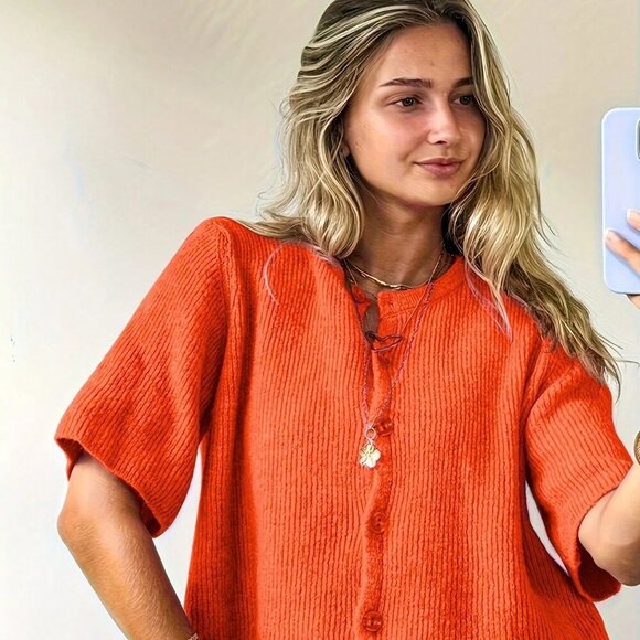 Orange Casual Womens Knitted Front Button short-Sleeved sweater Cardigan - Picture 3 of 5